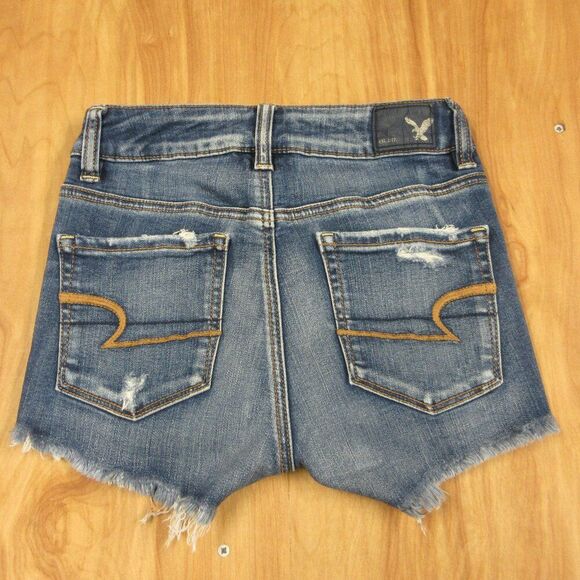 AMERICAN EAGLE Hi-Rise Shortie Womens Size 0 Frayed Hem Ripped Denim Jean Shorts - Picture 8 of 16